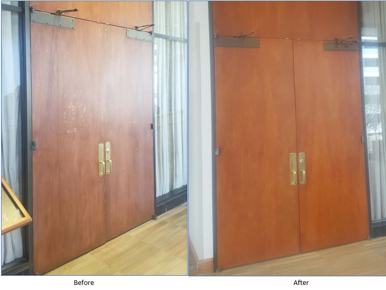 Before and after images of refinished wooden doors