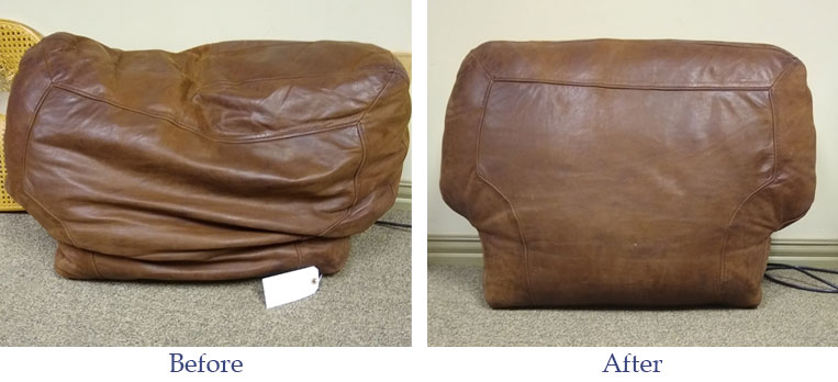 Brown leather couch cushion before and after